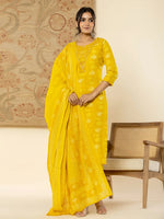Thumbnail for Yufta Cotton Mustard Floral Embroidery Mirror Work Kurta Dupatta Pant Set