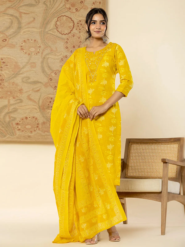 Yufta Cotton Mustard Floral Embroidery Mirror Work Kurta Dupatta Pant Set