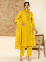 Thumbnail for Yufta Cotton Mustard Floral Embroidery Mirror Work Kurta Dupatta Pant Set