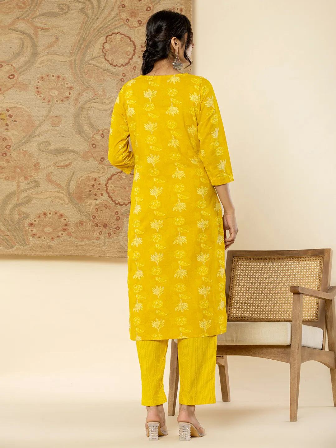 Yufta Cotton Mustard Floral Embroidery Mirror Work Kurta Dupatta Pant Set