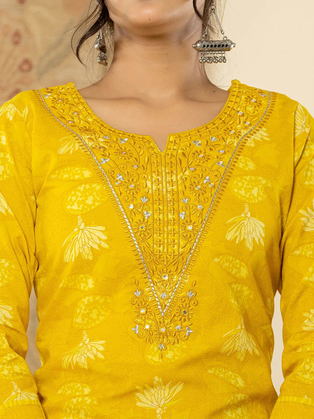 Yufta Cotton Mustard Floral Embroidery Mirror Work Kurta Dupatta Pant Set