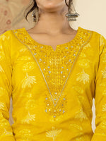 Thumbnail for Yufta Cotton Mustard Floral Embroidery Mirror Work Kurta Dupatta Pant Set