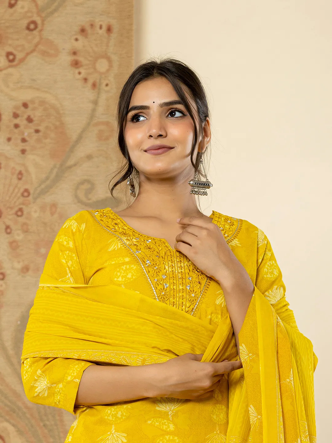 Yufta Cotton Mustard Floral Embroidery Mirror Work Kurta Dupatta Pant Set