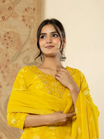 Thumbnail for Yufta Cotton Mustard Floral Embroidery Mirror Work Kurta Dupatta Pant Set