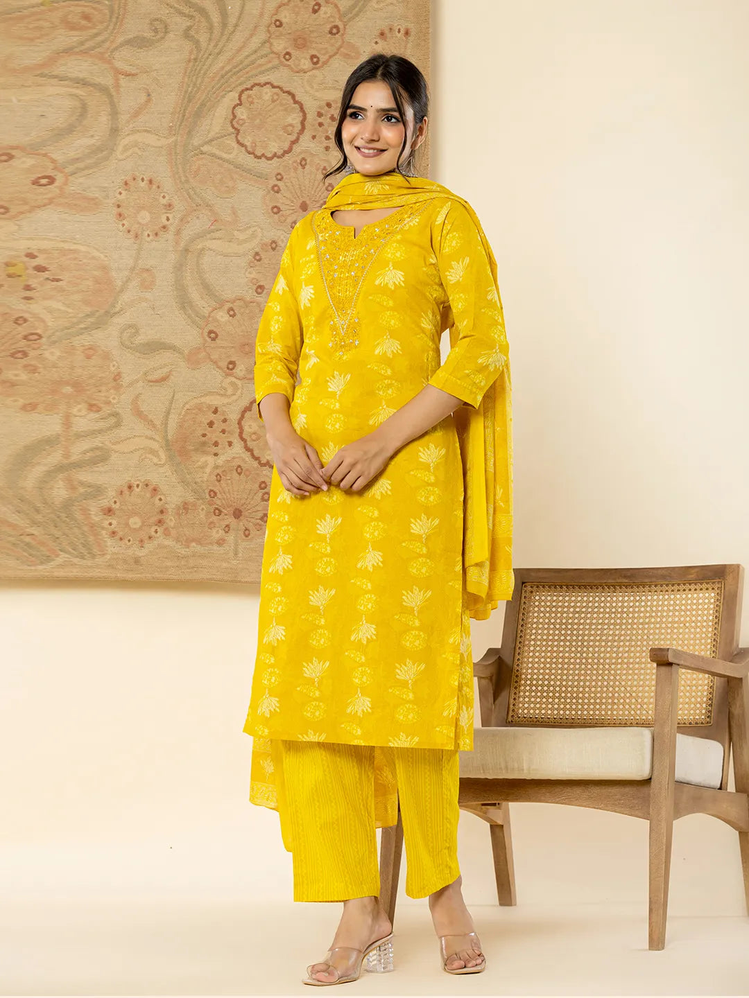 Yufta Cotton Mustard Floral Embroidery Mirror Work Kurta Dupatta Pant Set