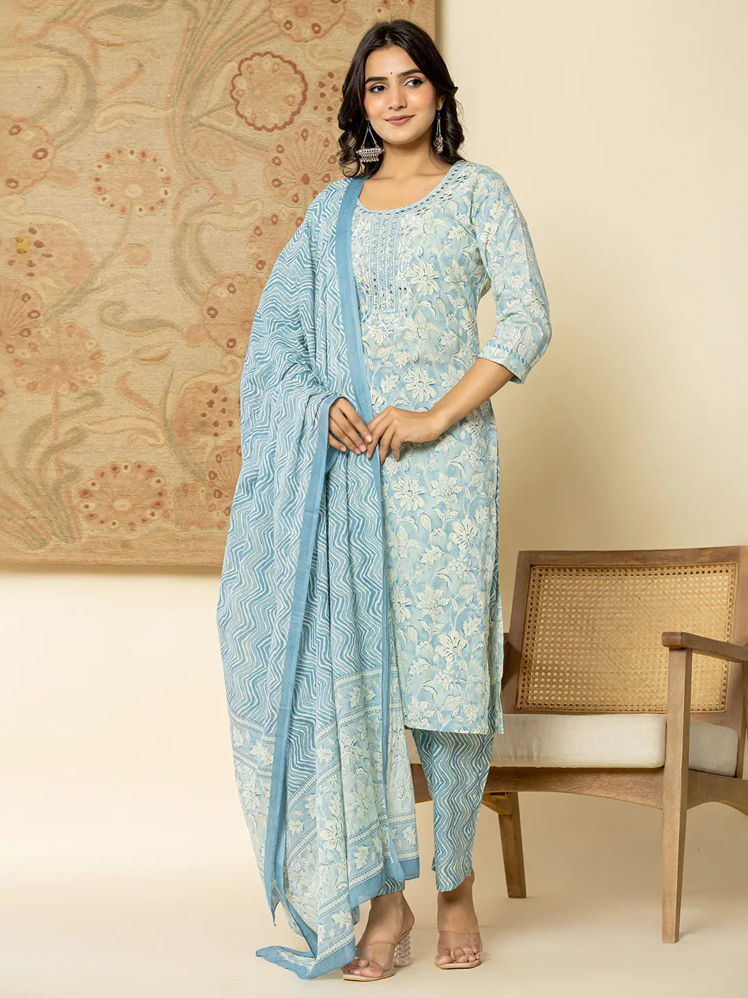 Yufta Pure Cotton Sky Blue Floral Embroidery Kurta Dupatta Pant Set - Distacart