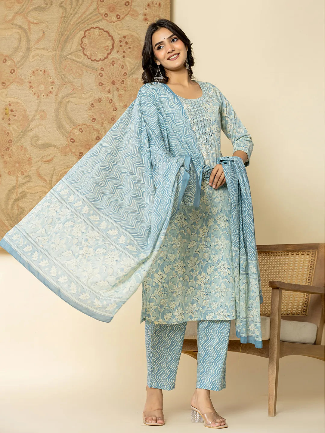 Yufta Pure Cotton Sky Blue Floral Embroidery Kurta Dupatta Pant Set - Distacart