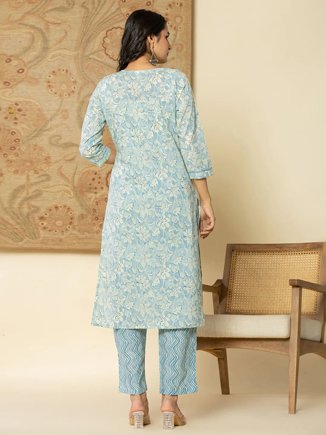 Yufta Pure Cotton Sky Blue Floral Embroidery Kurta Dupatta Pant Set