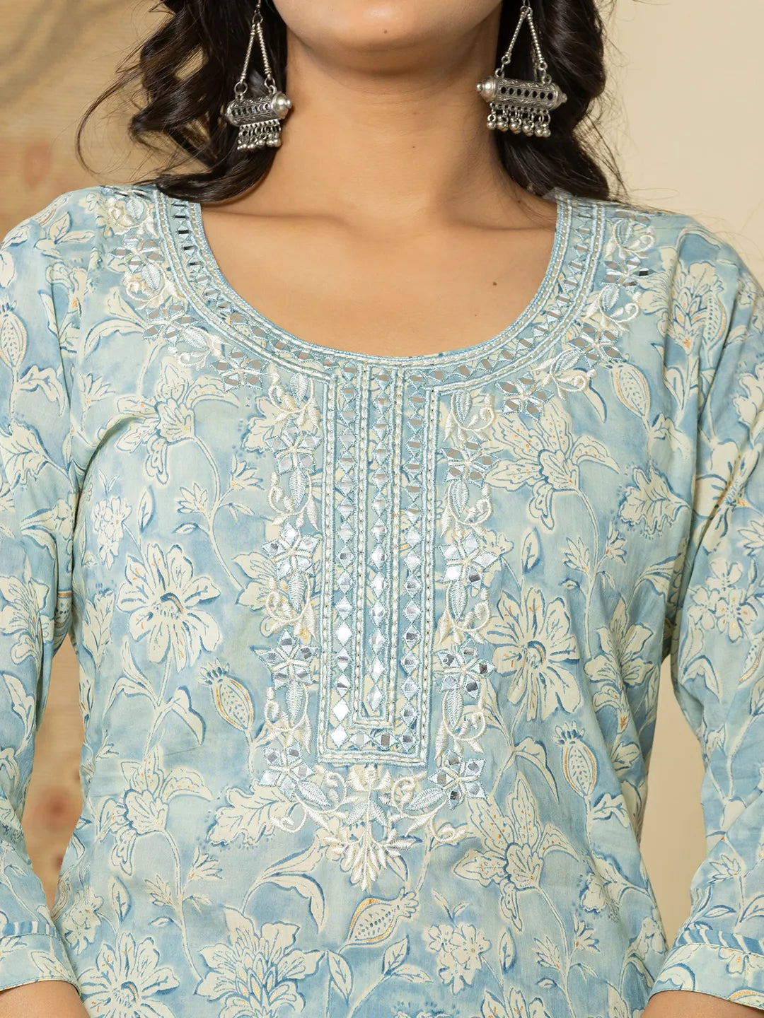 Yufta Pure Cotton Sky Blue Floral Embroidery Kurta Dupatta Pant Set