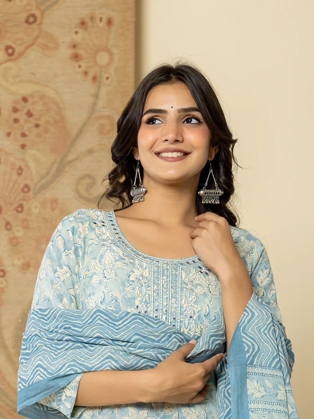 Yufta Pure Cotton Sky Blue Floral Embroidery Kurta Dupatta Pant Set