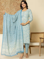 Thumbnail for Yufta Pure Cotton Sky Blue Floral Embroidery Kurta Dupatta Pant Set