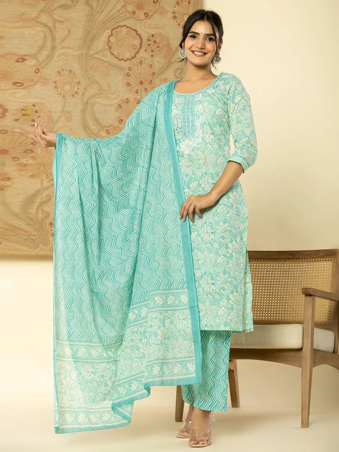 Yufta Pure Cotton Sea Green Floral Embroidery Kurta Dupatta Pant Set - Distacart