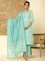 Thumbnail for Yufta Pure Cotton Sea Green Floral Embroidery Kurta Dupatta Pant Set - Distacart