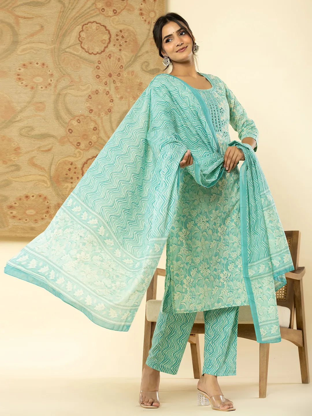 Yufta Pure Cotton Sea Green Floral Embroidery Kurta Dupatta Pant Set - Distacart