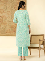Thumbnail for Yufta Pure Cotton Sea Green Floral Embroidery Kurta Dupatta Pant Set - Distacart