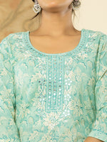 Thumbnail for Yufta Pure Cotton Sea Green Floral Embroidery Kurta Dupatta Pant Set - Distacart