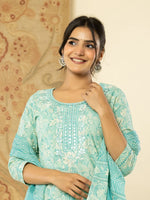 Thumbnail for Yufta Pure Cotton Sea Green Floral Embroidery Kurta Dupatta Pant Set - Distacart