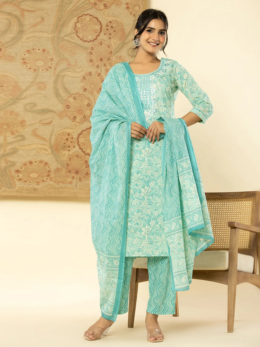 Yufta Pure Cotton Sea Green Floral Embroidery Kurta Dupatta Pant Set - Distacart