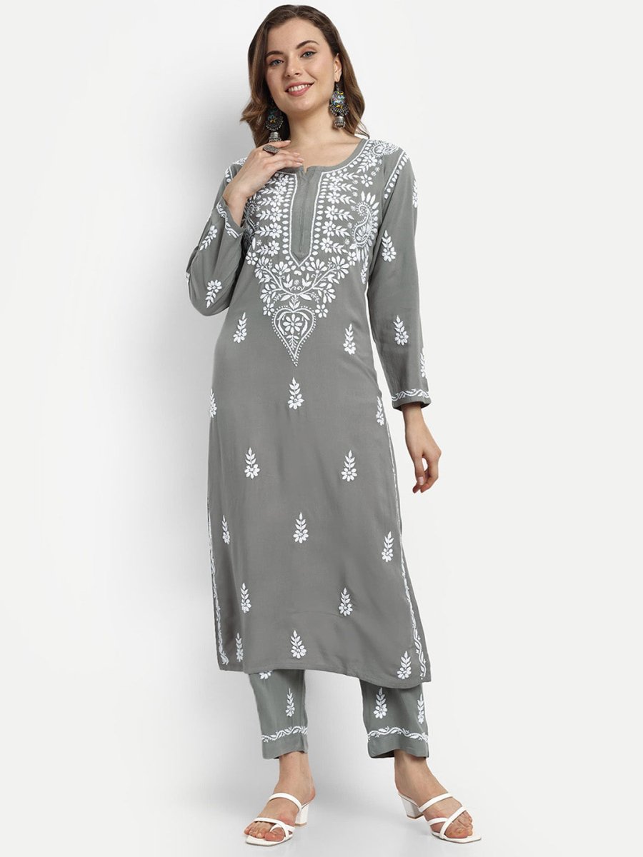 ADA Ethnic Motifs Embroidered Lucknowi Chikankari Kurta with Trousers - Distacart