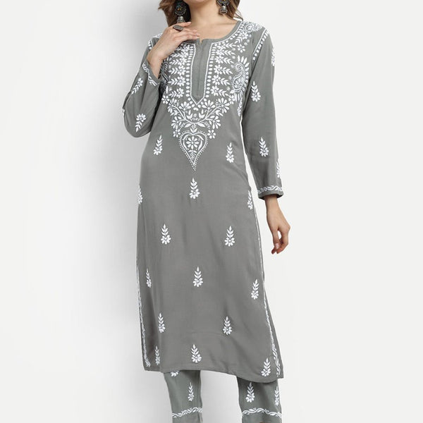 ADA Ethnic Motifs Embroidered Lucknowi Chikankari Kurta with Trousers - Distacart