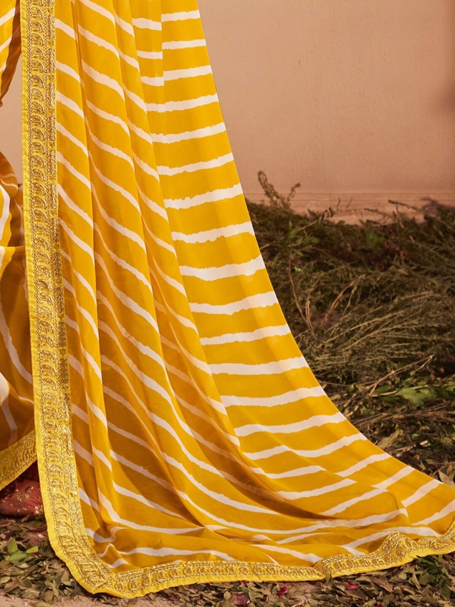 Anouk Yellow Striped Embroidered Pure Georgette Leheriya Saree - Distacart