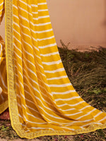 Thumbnail for Anouk Yellow Striped Embroidered Pure Georgette Leheriya Saree - Distacart