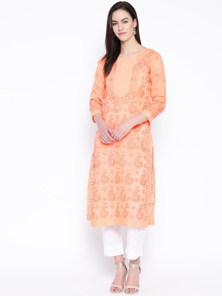 ADA Women Peach-Coloured & White Chikankari Embroidered Sustainable Handloom Kurta with Trousers - Distacart