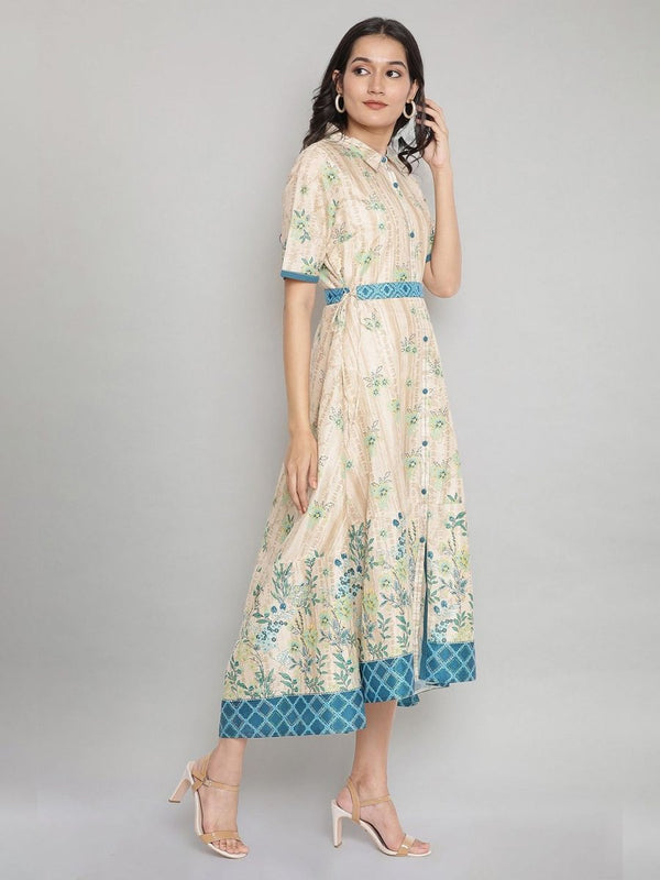 AURELIA Cream-Coloured & Blue Floral A-Line Midi Dress