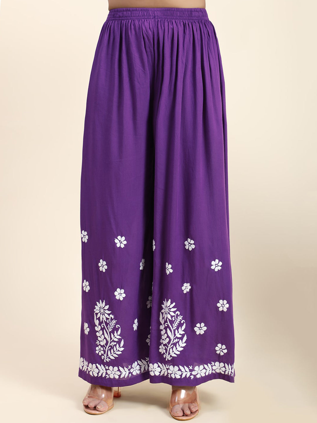 HOUSE OF KARI Women Purple Floral Embroidered Chikankari Pure Cotton Kurta with Palazzos - Distacart