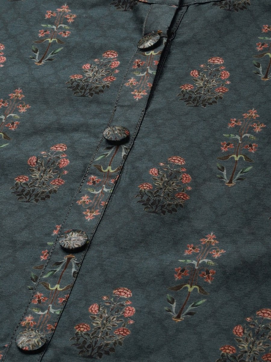 All About You Women Teal Blue Floral Block Print Mandarin Collar Chanderi Silk Blend Kurta - Distacart