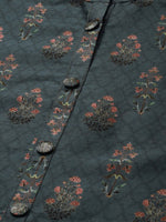 Thumbnail for All About You Women Teal Blue Floral Block Print Mandarin Collar Chanderi Silk Blend Kurta - Distacart