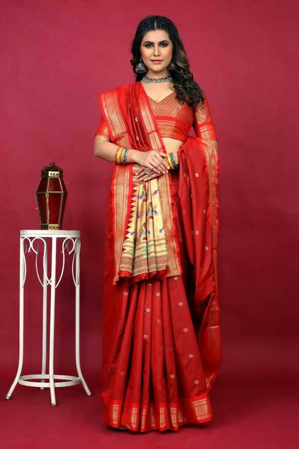 Jyoti Fashion Women's Red Paithani Silk Zari Woven Saree with Blouse - Distacart