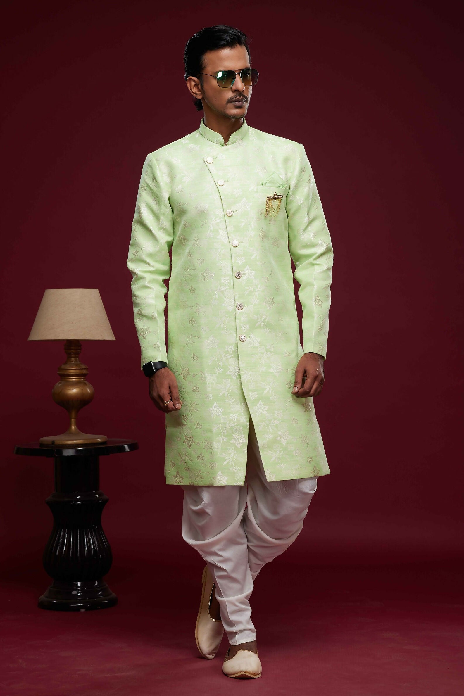 Raivat Ethnic Banarasi Jacquard Embroidery Semi Indo Western Sherwani In Pista Green Colour