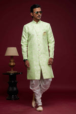 Thumbnail for Raivat Ethnic Banarasi Jacquard Embroidery Semi Indo Western Sherwani In Pista Green Colour
