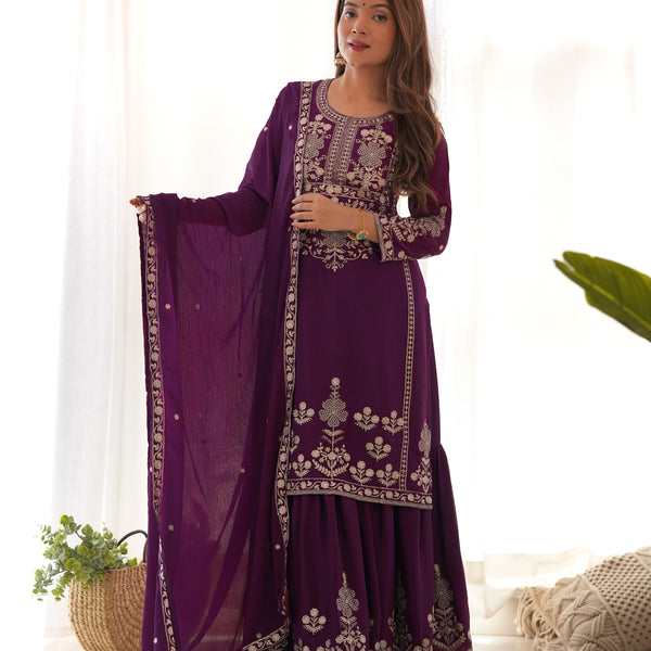 Lorenvalley Fashion Wine Chinnon Silk with Embroidery Sequence and Jari Work Kurta Sharara with Dupatta - Distacart