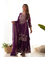 Thumbnail for Lorenvalley Fashion Wine Chinnon Silk with Embroidery Sequence and Jari Work Kurta Sharara with Dupatta - Distacart
