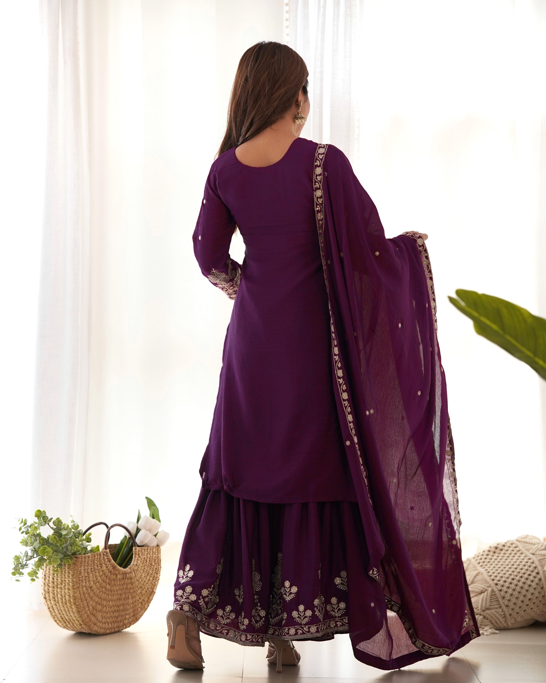 Lorenvalley Fashion Wine Chinnon Silk with Embroidery Sequence and Jari Work Kurta Sharara with Dupatta - Distacart