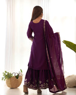 Thumbnail for Lorenvalley Fashion Wine Chinnon Silk with Embroidery Sequence and Jari Work Kurta Sharara with Dupatta - Distacart