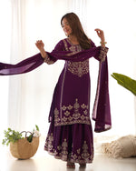 Thumbnail for Lorenvalley Fashion Wine Chinnon Silk with Embroidery Sequence and Jari Work Kurta Sharara with Dupatta - Distacart