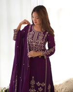 Thumbnail for Lorenvalley Fashion Wine Chinnon Silk with Embroidery Sequence and Jari Work Kurta Sharara with Dupatta - Distacart