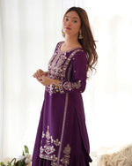 Thumbnail for Lorenvalley Fashion Wine Chinnon Silk with Embroidery Sequence and Jari Work Kurta Sharara with Dupatta - Distacart