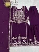Thumbnail for Lorenvalley Fashion Wine Chinnon Silk with Embroidery Sequence and Jari Work Kurta Sharara with Dupatta - Distacart