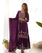 Thumbnail for Lorenvalley Fashion Wine Chinnon Silk with Embroidery Sequence and Jari Work Kurta Sharara with Dupatta - Distacart
