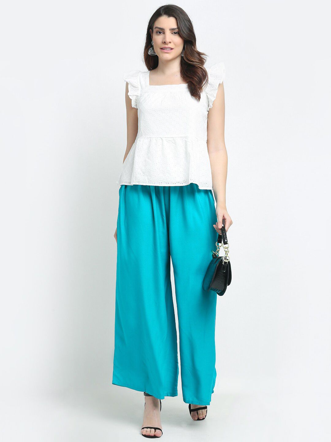 TAG 7 Women Set Of 2 White & Blue Flared Ethnic Palazzos