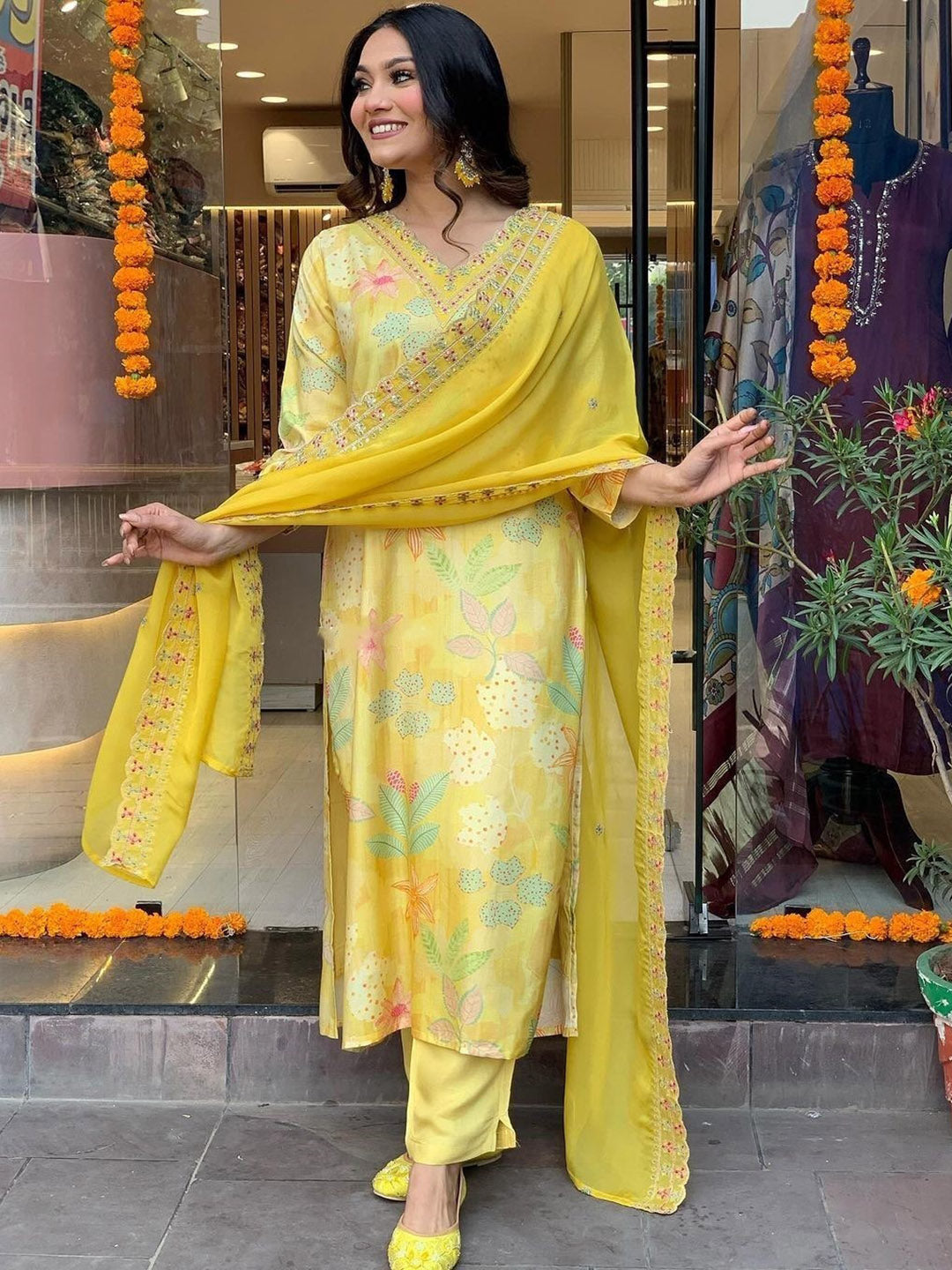 Kalini Floral Printed Sequinned Straight Kurta & Trousers With Dupatta - Distacart
