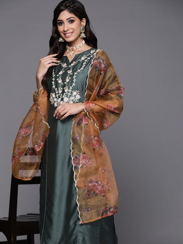 Indo Era Women Green Ethnic Motifs Embroidered Kurta with Trousers & With Dupatta