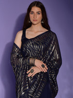 Thumbnail for Anouk Navy Blue & Silver-Toned Embellished Sequinned Pure Georgette Saree - Distacart