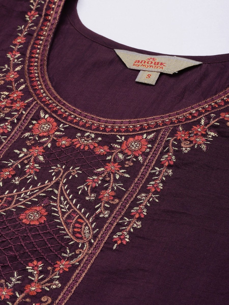 Anouk Women Burgundy Floral Embroidered Kurta with Trousers & With Dupatta - Distacart