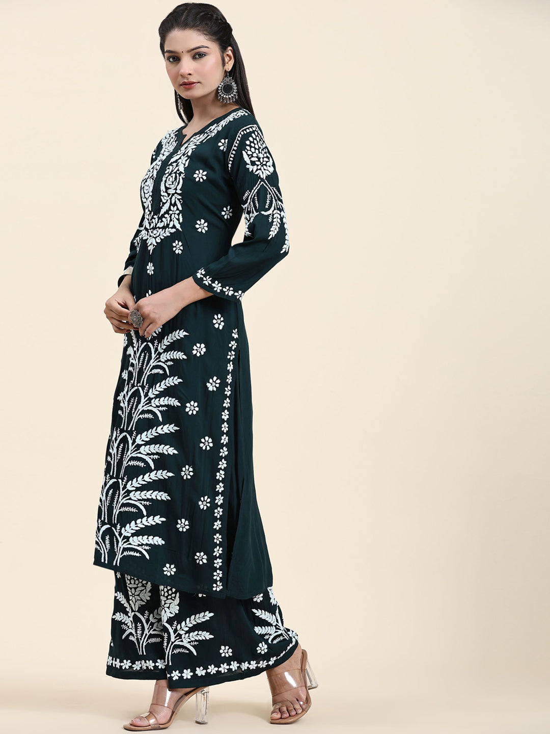 HOUSE OF KARI Floral Embroidered Chikankari Pure Cotton Straight Kurta With Palazzo - Distacart
