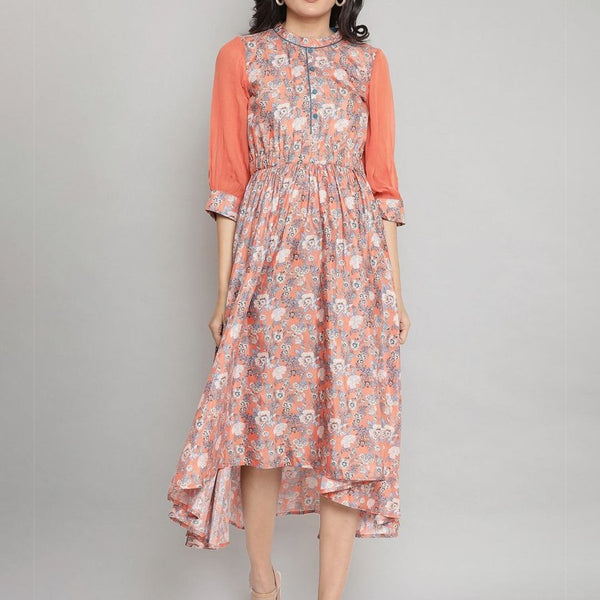 AURELIA Peach-Coloured & Blue Floral Printed Asymmetric Midi Fit & Flare Dress - Distacart